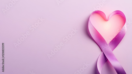 glowing pink ribbon forms heart shape on soft lavender background