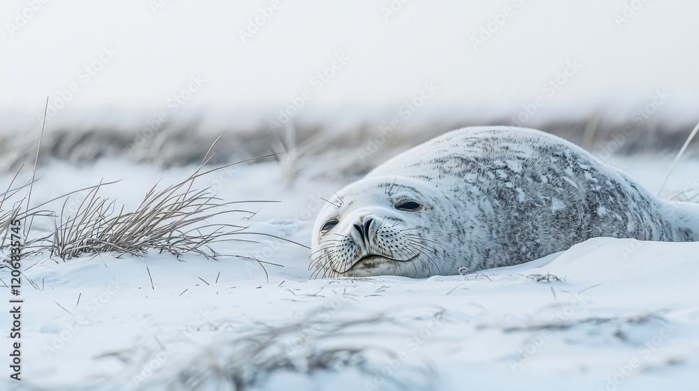 Obraz premium A seal rests peacefully on a snowy landscape, blending into the white surroundings. The serene scene captures the beauty of wildlife in winter.