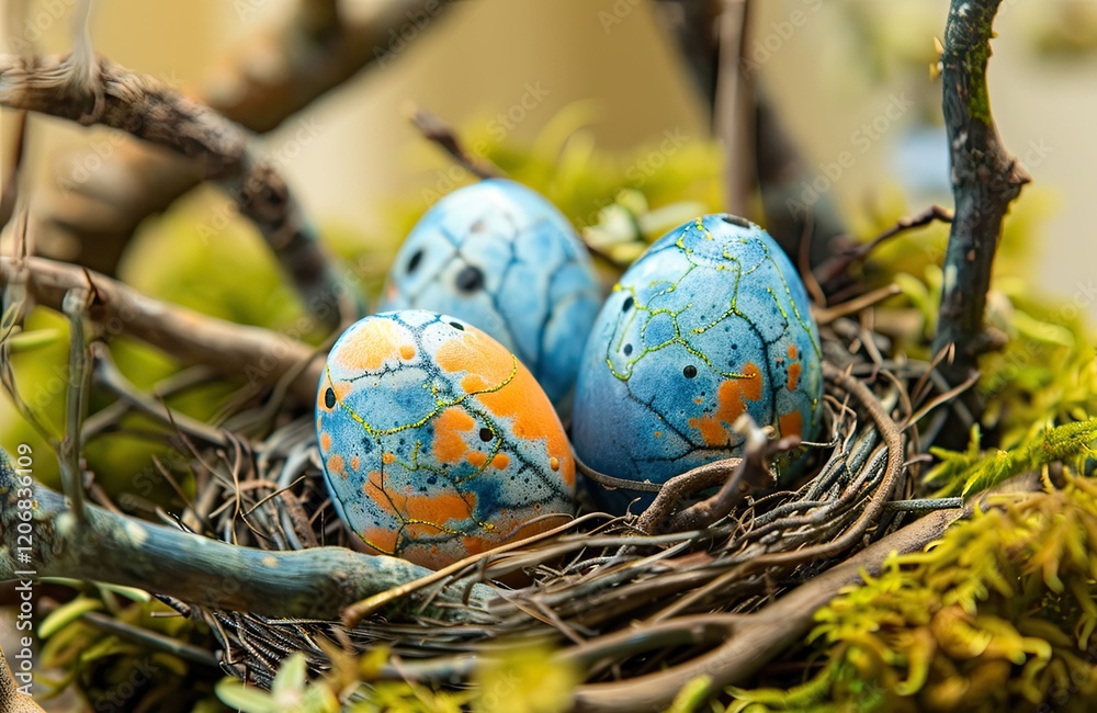 Bright watercolor Easter eggs peeking out of a nest made of moss and twigs