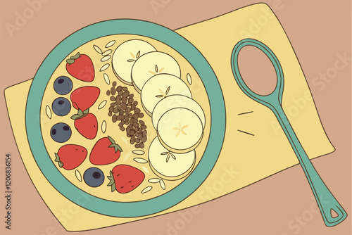 Healthy breakfast made from muesli with fruits and banana blackberry cereal raspberry almond illustration

