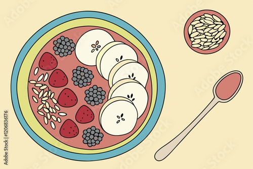 Healthy breakfast made from muesli with fruits and banana blackberry cereal raspberry almond illustration
