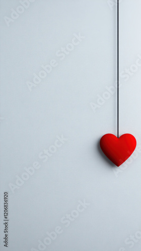 minimalist light gray background with bold red heart hanging on black string