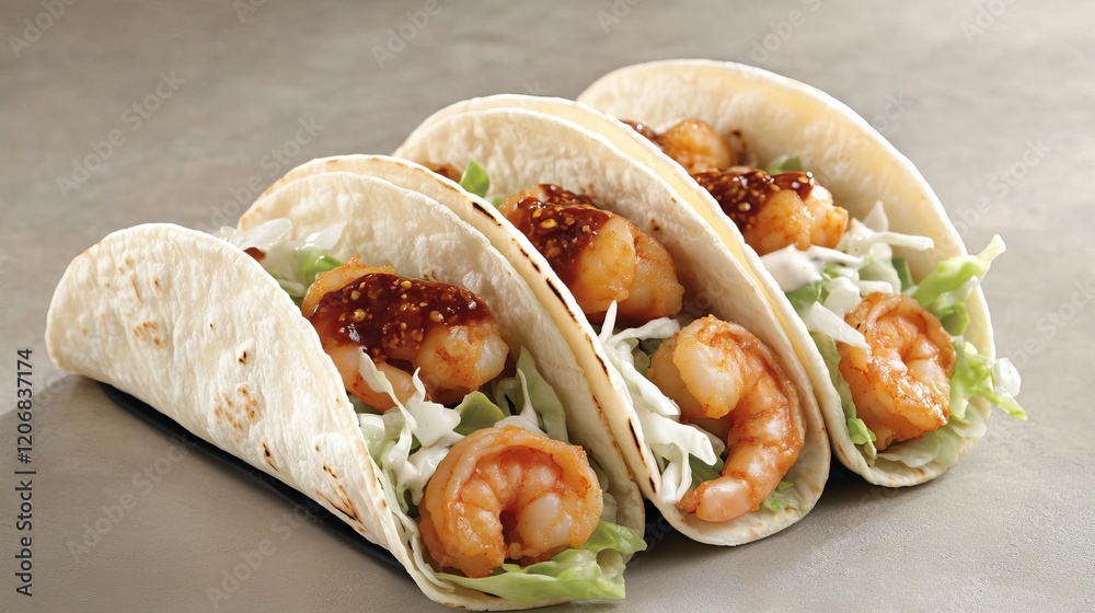 Crispy shrimp tacos topped with shredded lettuce and chili mayo Crispy shrimp tacos topped with shredded lettuce and chili mayo