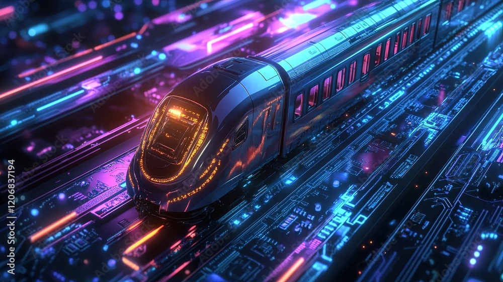 High-Speed Train on Digital Circuit: Abstract 3D Marketing Background. Futuristic Transportation Concept with Blue-Purple Light Trails. Tech-Inspired Design for Electronics Retail, Data Analysis, and High-Speed Train on Digital Circuit: Abstract 3D Marketing Background. Futuristic Transportation Concept with Blue-Purple Light Trails. Tech-Inspired Design for Electronics Retail, Data Analysis, and