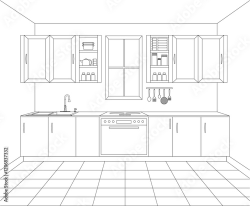Vector line art kitchen drawing	
