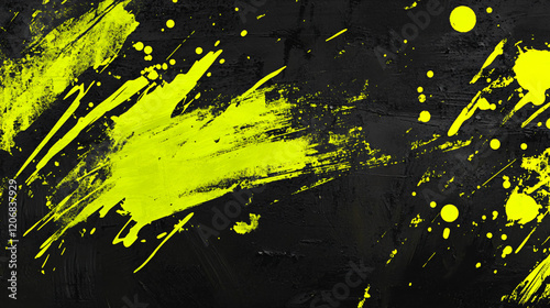 Fototapeta Naklejka Na Ścianę i Meble -  Neon Splatter: Abstract art featuring vibrant, neon yellow paint splatters and strokes on a dark, textured black background.  The contrast creates a dynamic and energetic visual. 