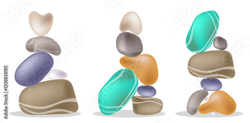Multi colored sea stones stacked in vertical pyramids. Carefully stacking of river pebbles into balancing pile. Simple flat vector isolated on white background