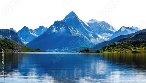 Gorgeous mountain range in the foreground with a sizable pool of water  isolated on a white or transparent background photo