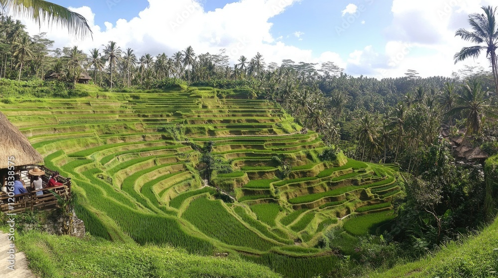Fototapeta premium A panoramic view of terraced rice fields cascading down a hillside.