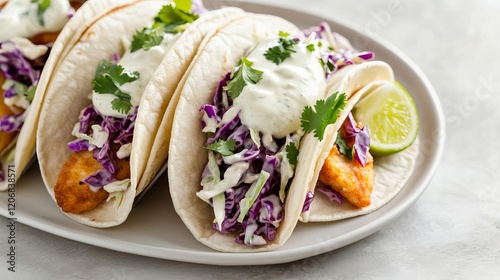 Fish tacos topped with fresh cabbage slaw and lime crema photo