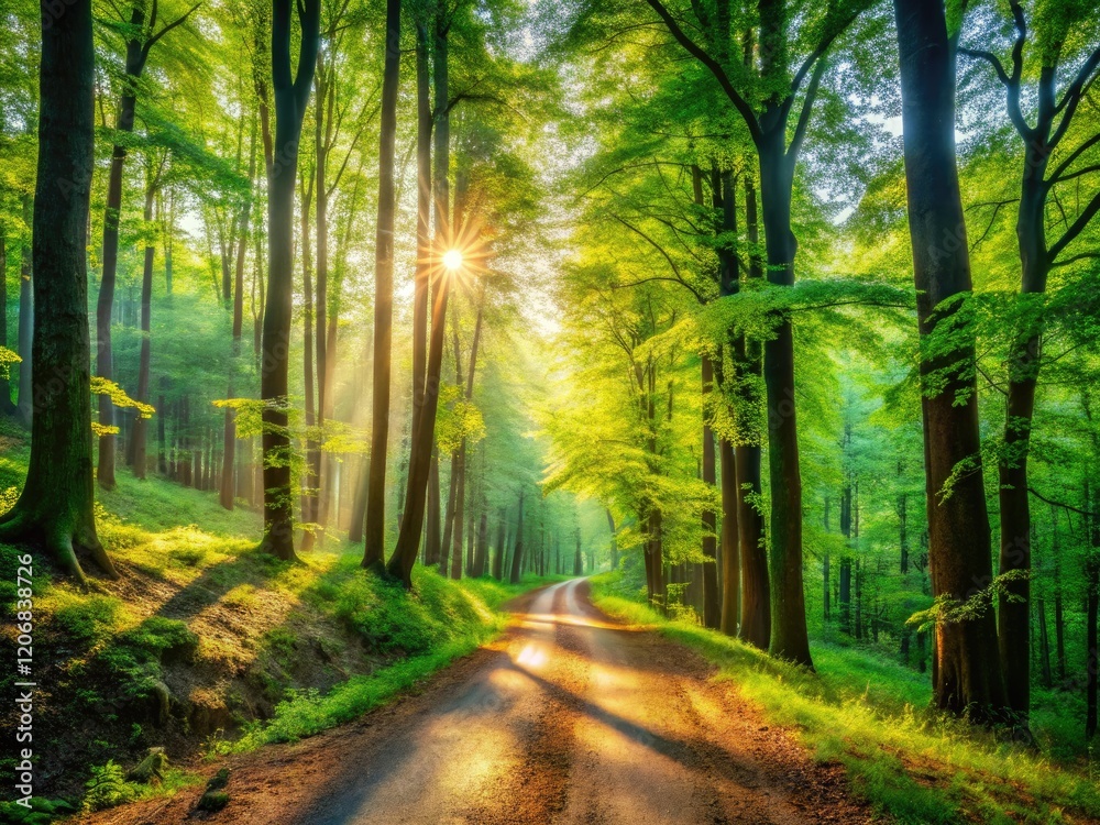 Obraz premium Sun-dappled forest path, deep depth of field showcasing summer woods' scenic beauty.