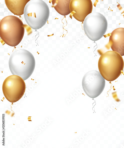 Gold confetti and ribbon celebrations balloons, isolated on transparent background