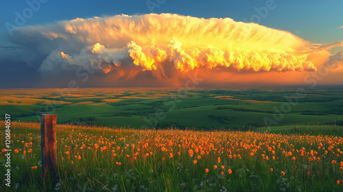 A breathtaking view of glowing storm clouds illuminated by a golden sunset over vast green prairies and vibrant wildflowers. photo