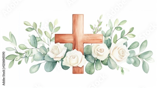 Floral cross with white roses and greenery in watercolor design