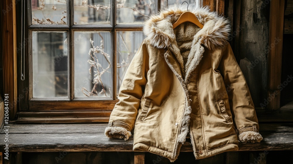 Fototapeta premium A thick, fur-lined parka placed on a rustic wooden bench near a window.