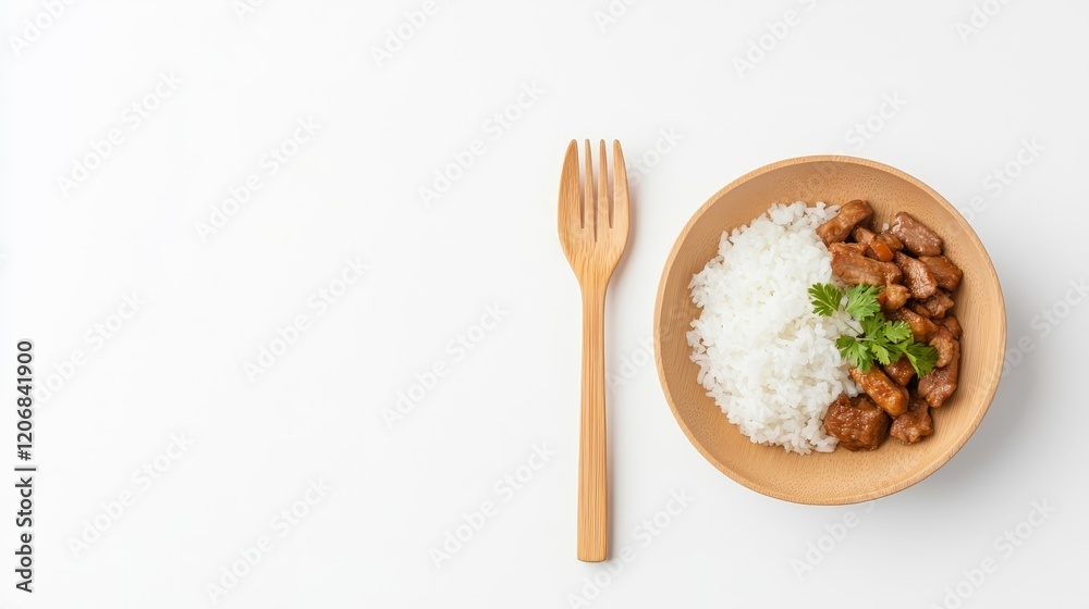 Delicious and Flavorful Dish of Rice Served with Tender Meat and Fresh Herbs in a Rustic Bowl on a Minimalist Background Ideal for Food Photography Delicious and Flavorful Dish of Rice Served with Tender Meat and Fresh Herbs in a Rustic Bowl on a Minimalist Background Ideal for Food Photography