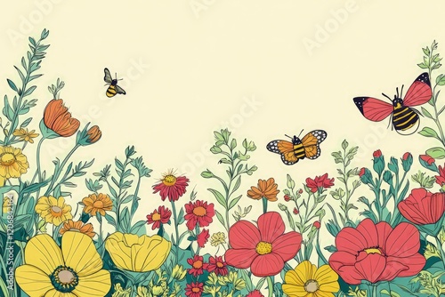 a field of flowers with butterflies flying over them photo