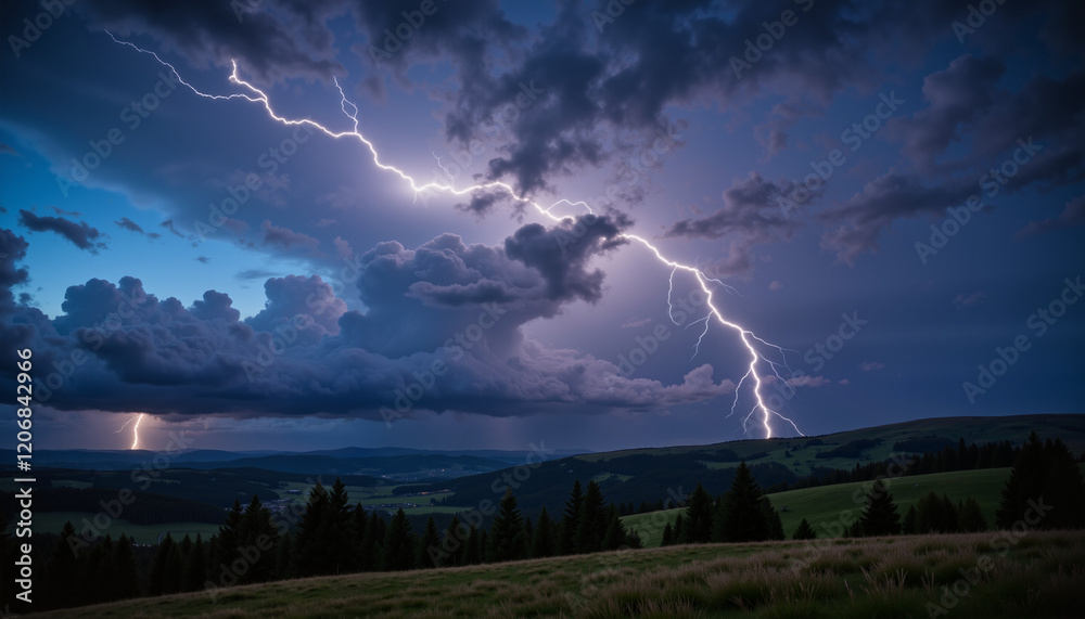 Dramatic thunderstorm landscape with lightning striking, intense atmosphere Dramatic thunderstorm landscape with lightning striking, intense atmosphere