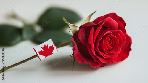 A single, red rose with a small Canadian flag stuck in its stem, on a white surface.