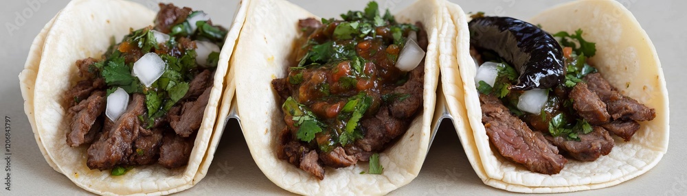 Street tacos filled with carne asada and roasted poblano salsa Street tacos filled with carne asada and roasted poblano salsa