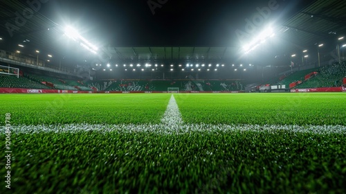 Night Football Stadium: A Serene Green Field Under the Lights photo