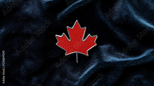 A solitary, red and white Canadian flag pin on a minimalist, black velvet cloth.