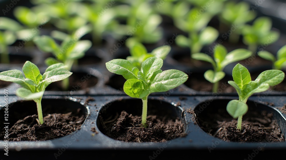 Close-up of young rice seedlings with bright green shoots in a nursery bed. Close-up of young rice seedlings with bright green shoots in a nursery bed.