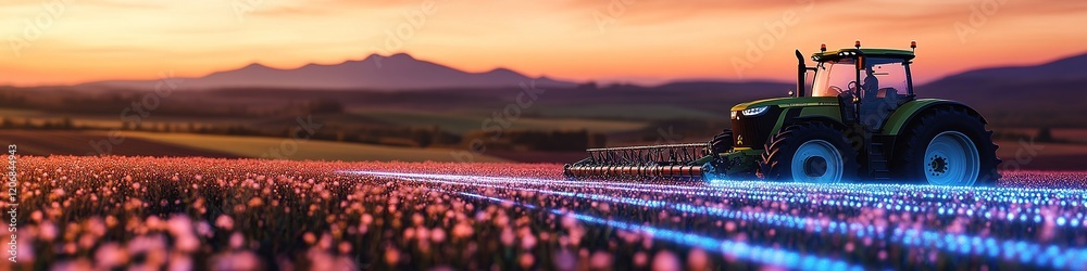 Smart Farming Revolution: 3D Cartoon Tractor on Laptop with Glowing Blue-Purple Hologram. Online Agricultural Management System in Futuristic Rural Landscape with Cornfields and Mountains. Smart Farming Revolution: 3D Cartoon Tractor on Laptop with Glowing Blue-Purple Hologram. Online Agricultural Management System in Futuristic Rural Landscape with Cornfields and Mountains.