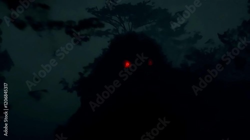 Glowing red eyes piercing misty forest darkness, sinister silhouette emerging from shadowy woodland backdrop, radiating supernatural supernatural menace at midnight