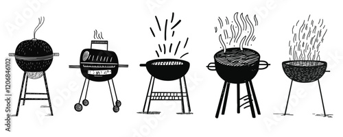 Barbeque outdoor grills. Hand drawn vector illustration style