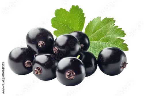 Blackcurrants arranged with green leaves on a white background highlighting their rich color and fresh appearance