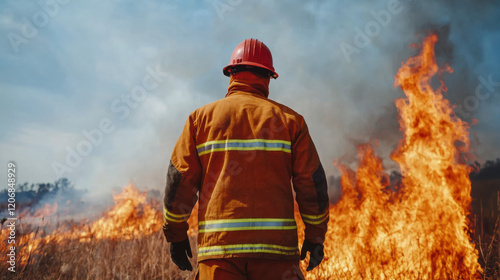 A firefighter observes a raging wildfire, wearing protective gear and a helmet, ready to combat the flames threatening the landscape.