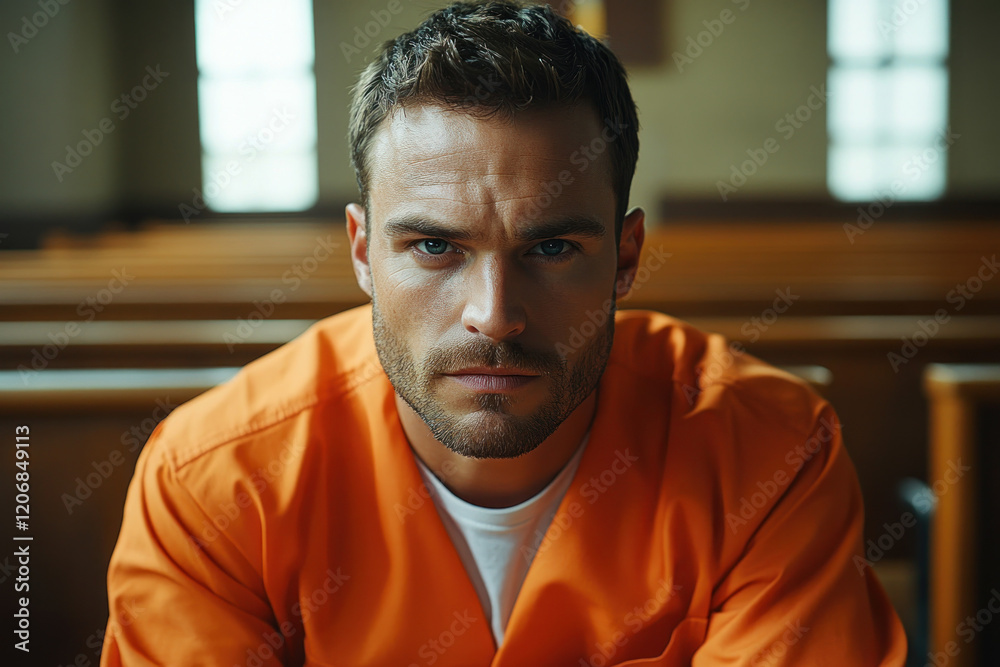 Obraz premium Man in orange prison uniform, gripping bars in jail cell, looking out with sad expression. Lone cot, dim lighting, indicating isolation and confinement.