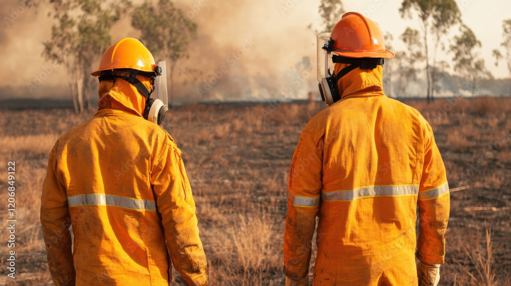 Two firefighters in protective gear observe a wildfire, highlighting the dangers of forest fires and the importance of safety measures.