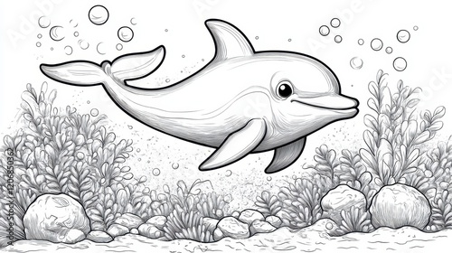 Playful dolphin swimming among vibrant underwater plants and bubbles in a whimsical ocean world for coloring enjoyment photo