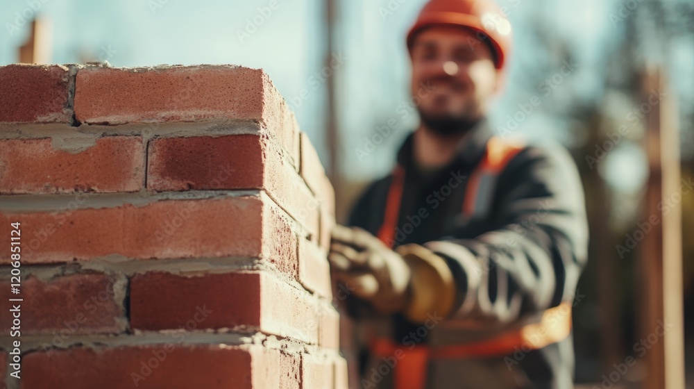 Bricklayer smiling into the camera, blurred construction site background, Shortage of skilled workers in construction, 16:9 Bricklayer smiling into the camera, blurred construction site background, Shortage of skilled workers in construction, 16:9
