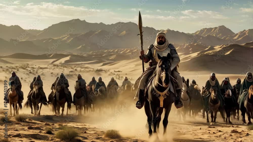 The legendary hero Saladin ibn Ayyub - Salah ad-Din Yusuf ibn Ayyub - leading his elite army through the desert, with grace and determination
