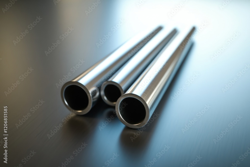 Fototapeta premium Three shiny metal pipes on dark surface.