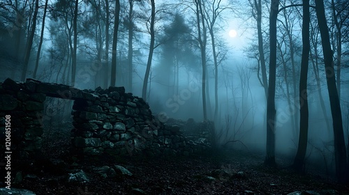 Ancient Stone Wall Nestled in Lush Green Woods Surrounded by Tall Trees and Soft Sunlight Creating a Peaceful and Timeless Natural Environment