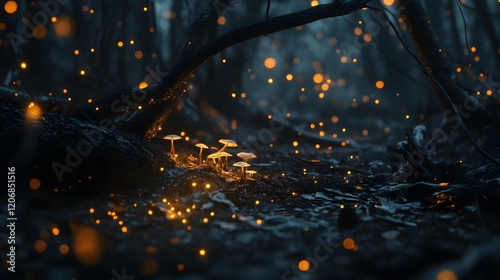 Enchanting Mushroom Surrounded by Glowing Fireflies in a Lush Green Forest Creating a Magical and Whimsical Nighttime Nature Scene of Wonder