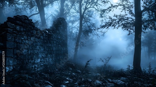 Ancient Stone Wall Surrounded by Lush Green Forest Creating a Rustic and Timeless Atmosphere Evoking Nature's Beauty and Serenity in the Woods