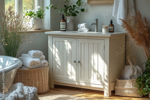 White bathroom cabinet with slatted doors, Scandinavian-style wooden sideboard in minimalist design, high-quality modern home decor for living room or bedroom. photo