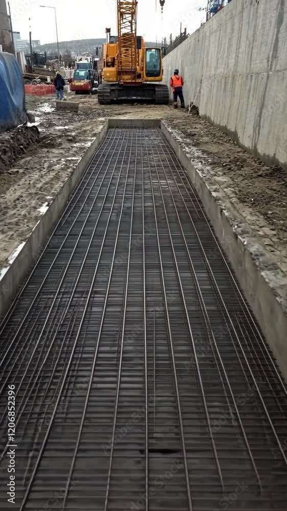 Construction process of a new railway track bed on a busy site during daylight hours Construction process of a new railway track bed on a busy site during daylight hours