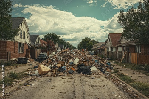 Aftermath of a massive tornado in Moore, Oklahoma, with rubble piles blocking streets, residents adding debris from homes and cars, destroyed houses in the background.