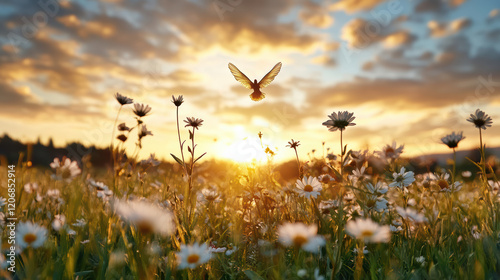 fairy flying through field of wildflowers at sunset, creating magical scene photo