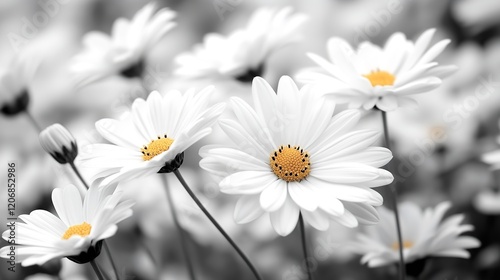 A cluster of white daisies with bright yellow centers blossoms in a spring garden. The flowers stand tall against a blurred gray backdrop, creating a serene atmosphere