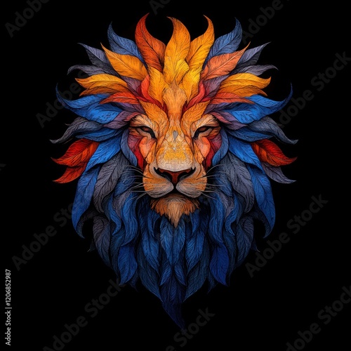 Colorful Psychedelic Lion Head Illustration on Black Background