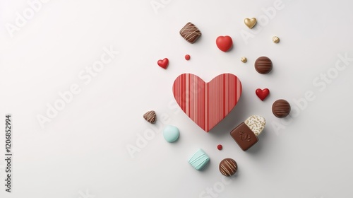 Heart-shaped Box Surrounded by Assorted Chocolates in Various Shapes and Colors Perfect for Romantic Occasions and Celebrations of Love and Affection photo