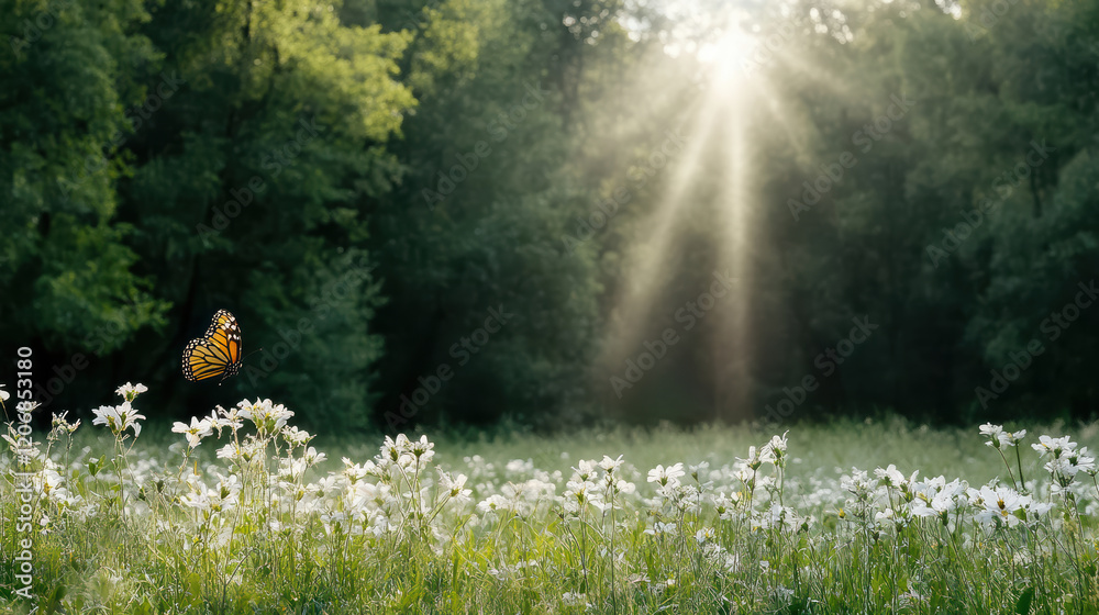 Fototapeta premium butterfly flying over field of flowers in sunlit forest
