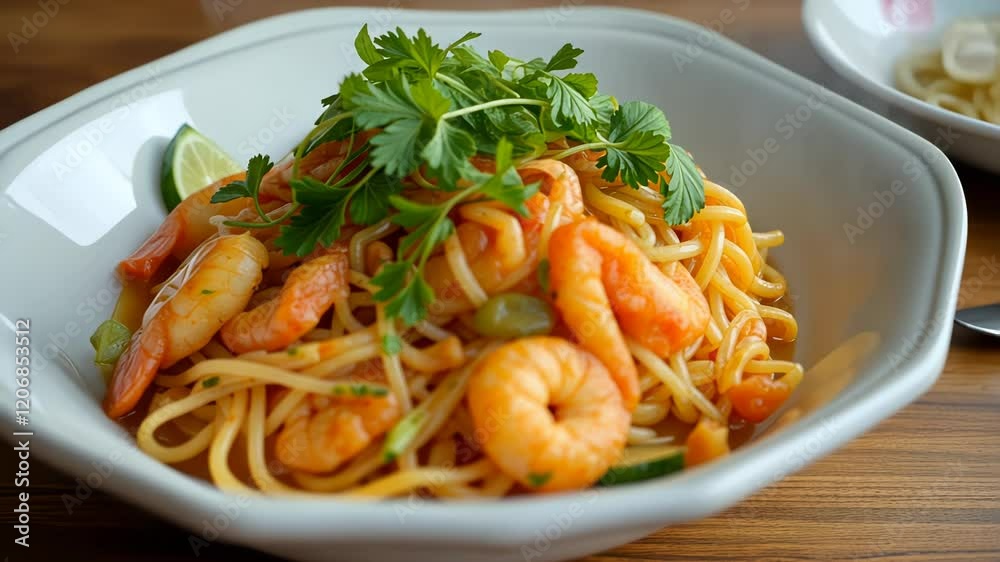 Spaghetti with shrimp in a flavorful tomato-based sauce, garnished with fresh cilantro and lime, served as a vibrant and appetizing seafood dish. Spaghetti with shrimp in a flavorful tomato-based sauce, garnished with fresh cilantro and lime, served as a vibrant and appetizing seafood dish.